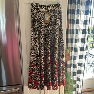 Elegant Leopard Print Maxi Skirt with Red Floral Accents